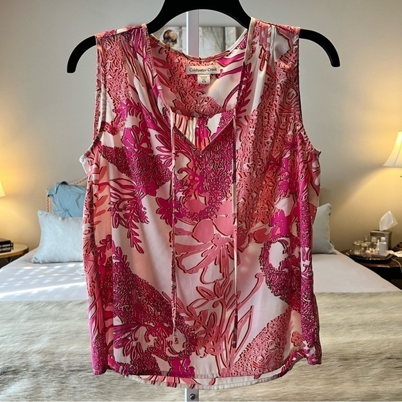 COLDWATER CREEK Pink White Floral XS 4 6 Sleeveless Tie Tunic Lightweight Shirt - Picture 11 of 13